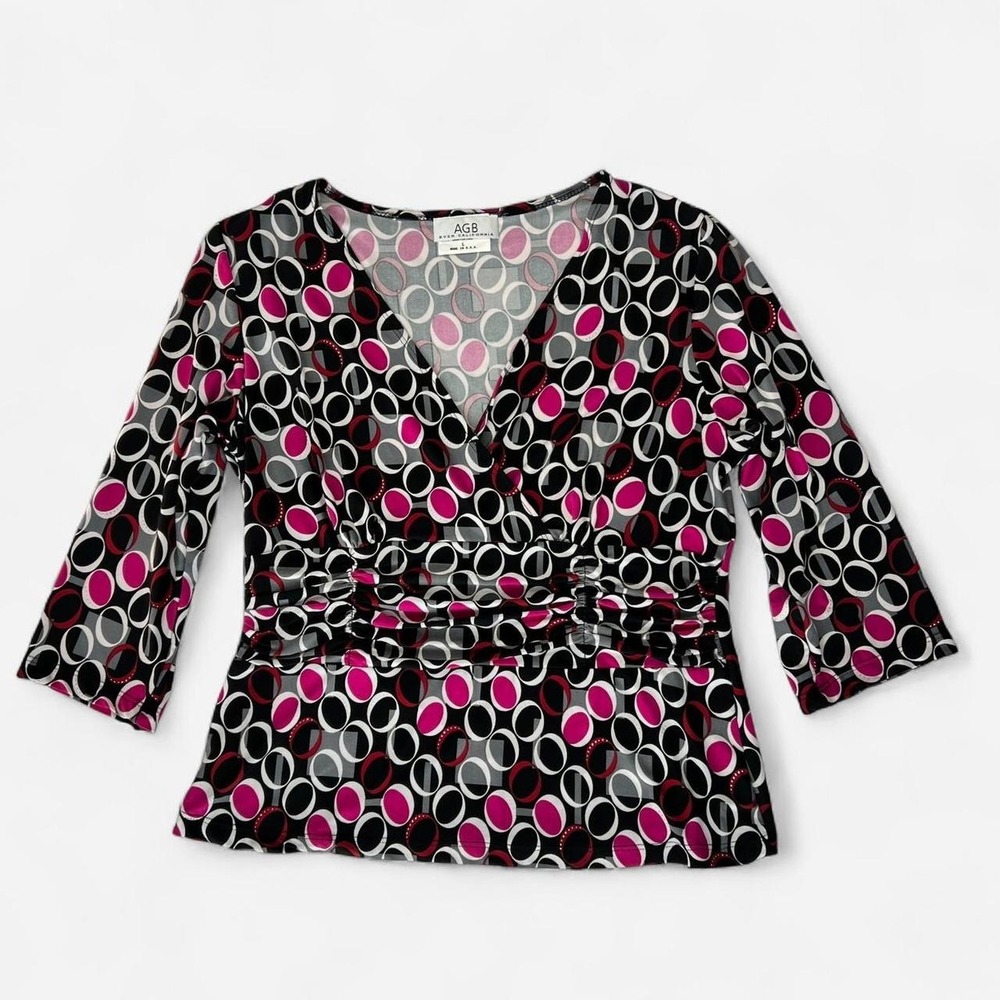 AGB Geometric Print Wrap Style Blouse Pink Black Metallic Dot Office Top L